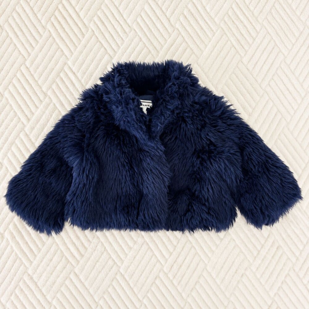 Janie and Jack Girls 2T Navy Blue Faux Fur Jacket Coat Plush Holiday Dressy